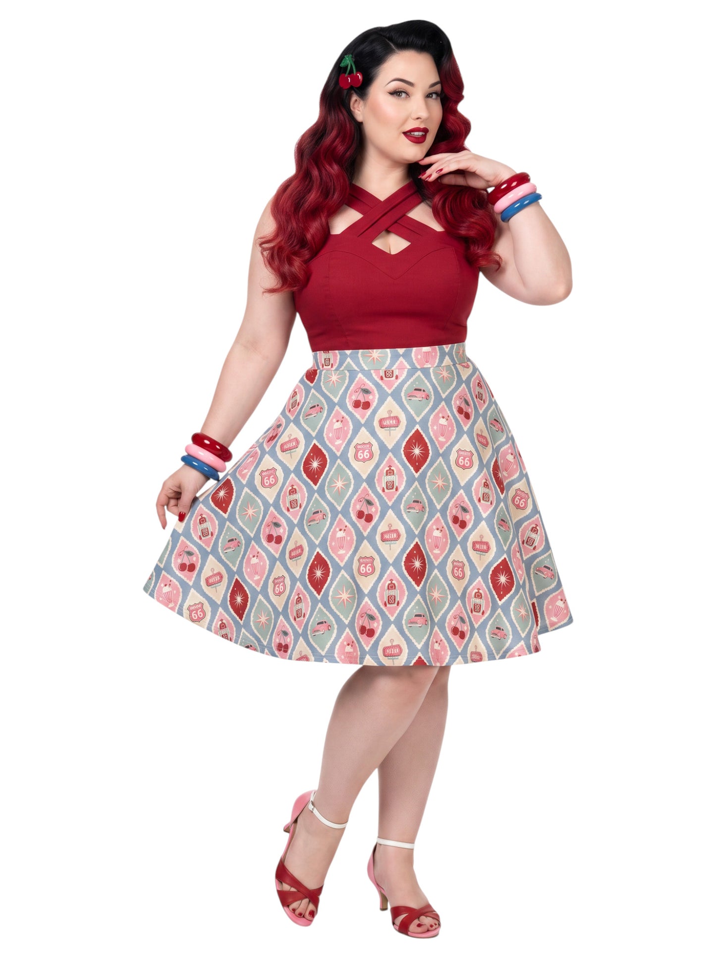 Plus size woman wearing 1950s Diner Cherry Milkshake Pinup Swing Retro A-Line Skirt.