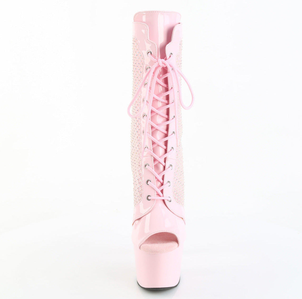 Pink patent 7 inch stiletto platform ankle boots with lace-up front, peep toe, and holographic AB rhinestone mesh side panels.