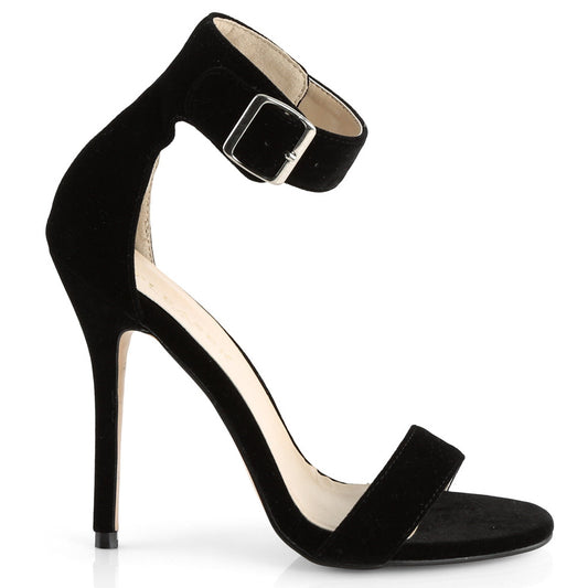 Black velvet ankle strap stiletto heel shoes on a white background