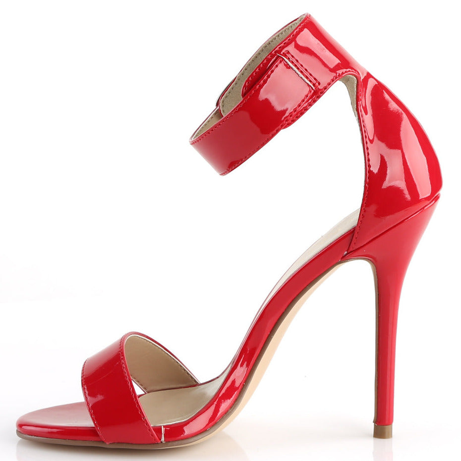 Red Patent Leather Ankle Strap Heels on white background