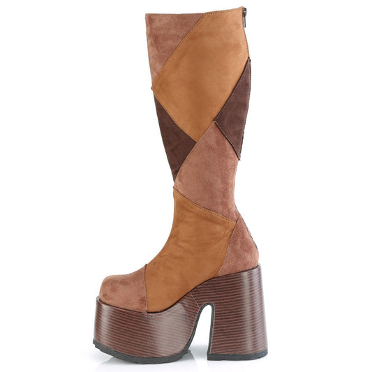 Patchwork Vegan Suede Faux Wood Knee High Platform Boots