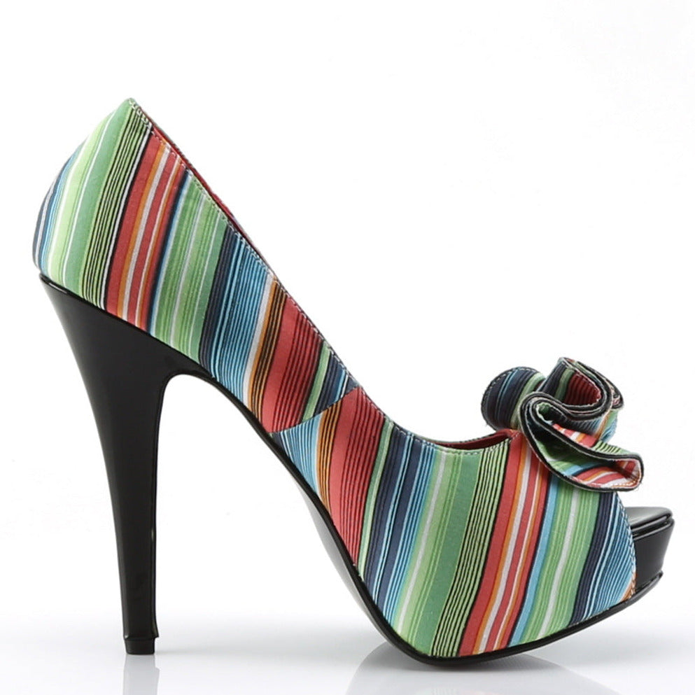 Multicolored striped vintage-inspired platform high heel shoe on white background