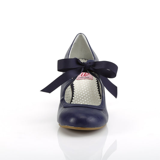Navy Blue faux leather Mary Jane shoes with a 2.5-inch Cuban kitten heel, ribbon tie closure, and heart cutout detailing in a 1950s pin-up style.