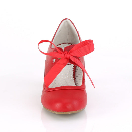 Red faux leather Mary Jane shoes with a 2.5-inch Cuban kitten heel, ribbon tie closure, and heart cutout detailing in a 1950s pin-up style.