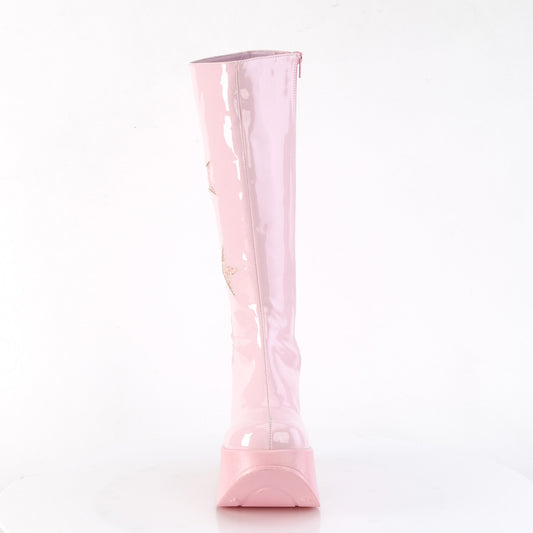 5-inch Baby Pink Platform Wedge Knee High Boots with Glitter Star Cutouts and Side Patches.