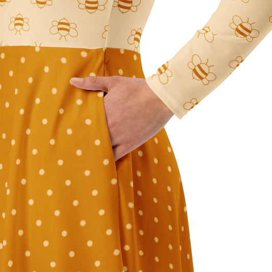 Honey Bee and Polka Dot Cottagecore Midi Dress with Pockets