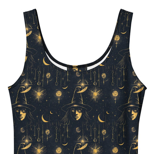 Black dress with gold celestial pattern on a white background