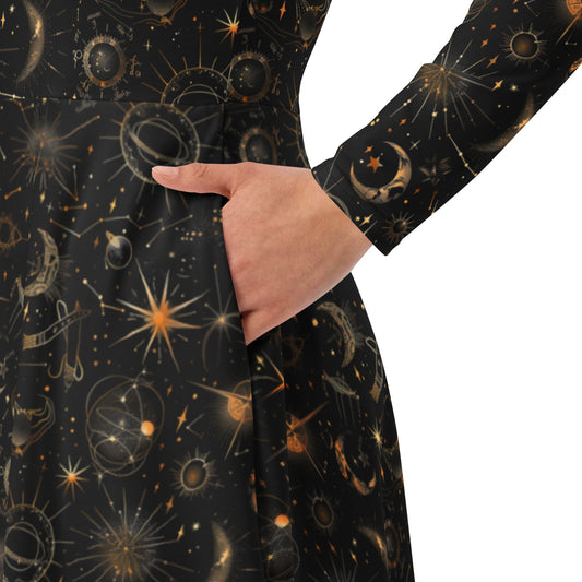 Black dress with celestial sun moon and stars print