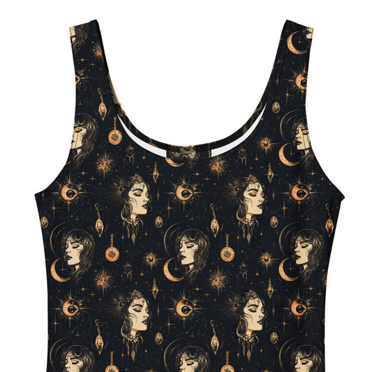 Black sleeveless dress with celestial pattern on a white background