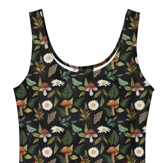 Floral and mushroom patterned dress on a white background