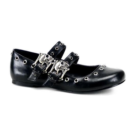 Gothic Double Strap Skull Flats on White Background