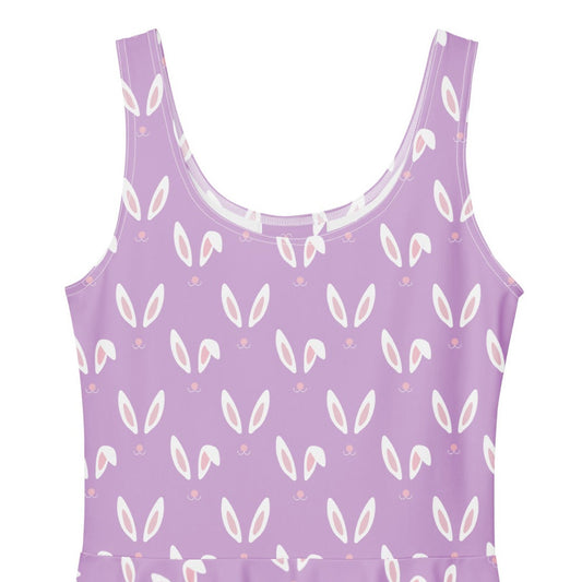 Purple 1950s vintage style swing dress with white Easter bunny print.
