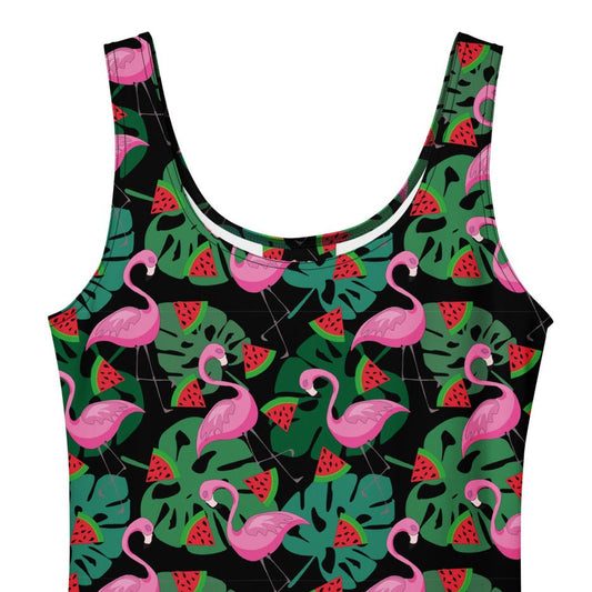 1950s vintage-inspired fit and flare swing dress with a tropical flamingo and watermelon print.