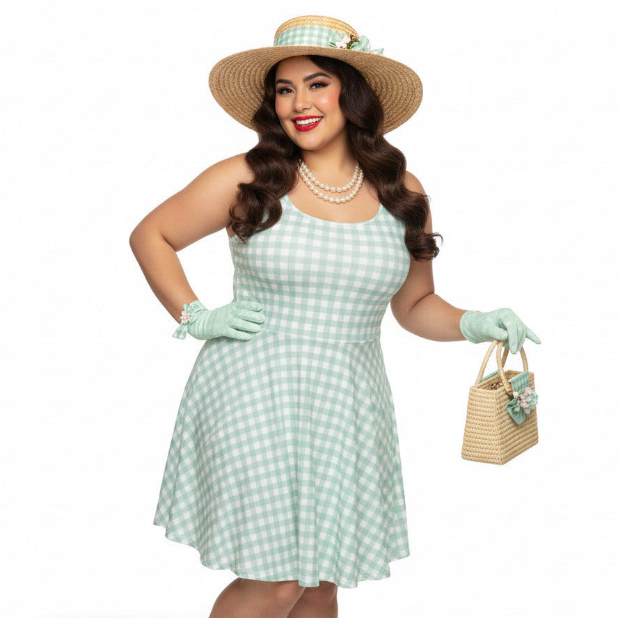Plus size woman wearing a pastel green and white gingham 1950s vintage-style swing dress with a straw hat and gloves.