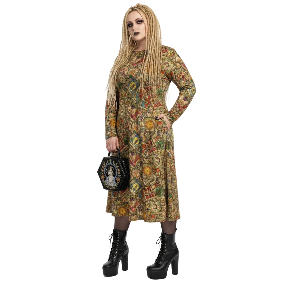 woman wearing Goth Tarot Card Goddess Long Sleeve Midi Dress with Pockets.