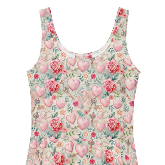 Floral and heart patterned dress on a white background