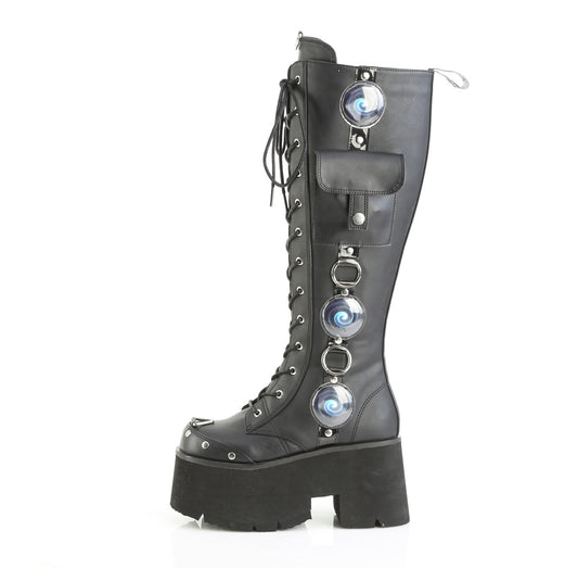 Black knee-high platform boots with LED light-up side panels and chunky heels.