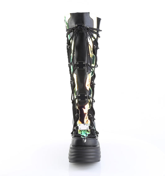 Knee-high black platform wedge boots with iridescent geometric patterns and LED light-up coffin back.