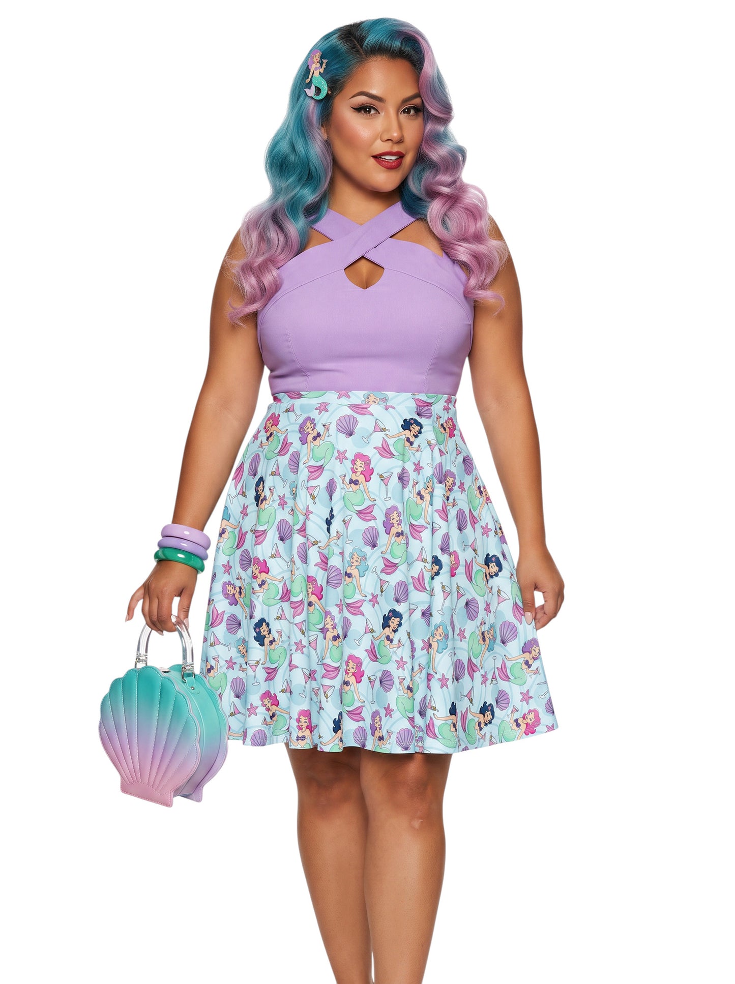 Plus-size woman wearing a Mermaids and Martinis flare swing skirt.