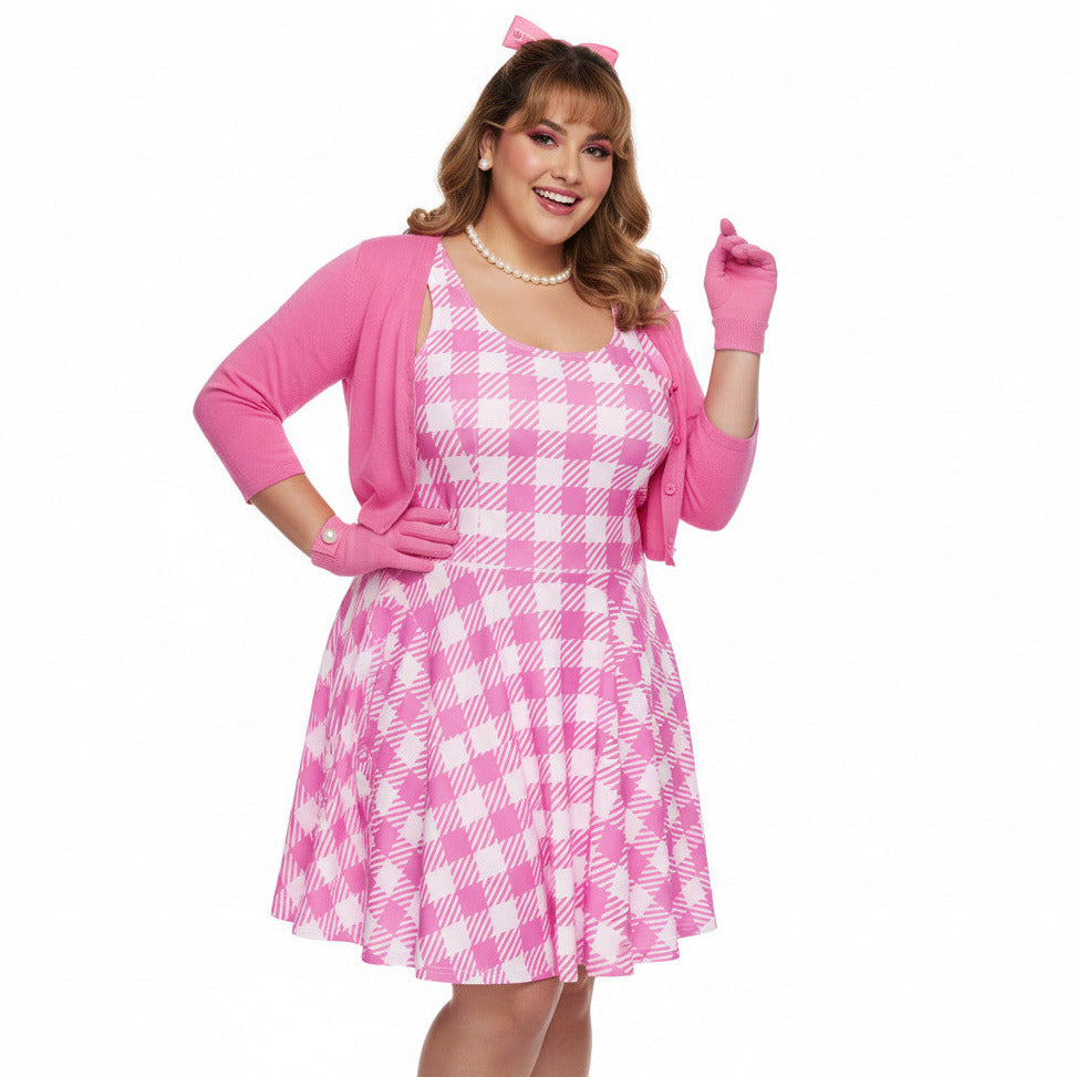 Plus size woman wearing a pink and white gingham 1950s vintage style fit and flare swing dress with pink gloves and a hair bow.