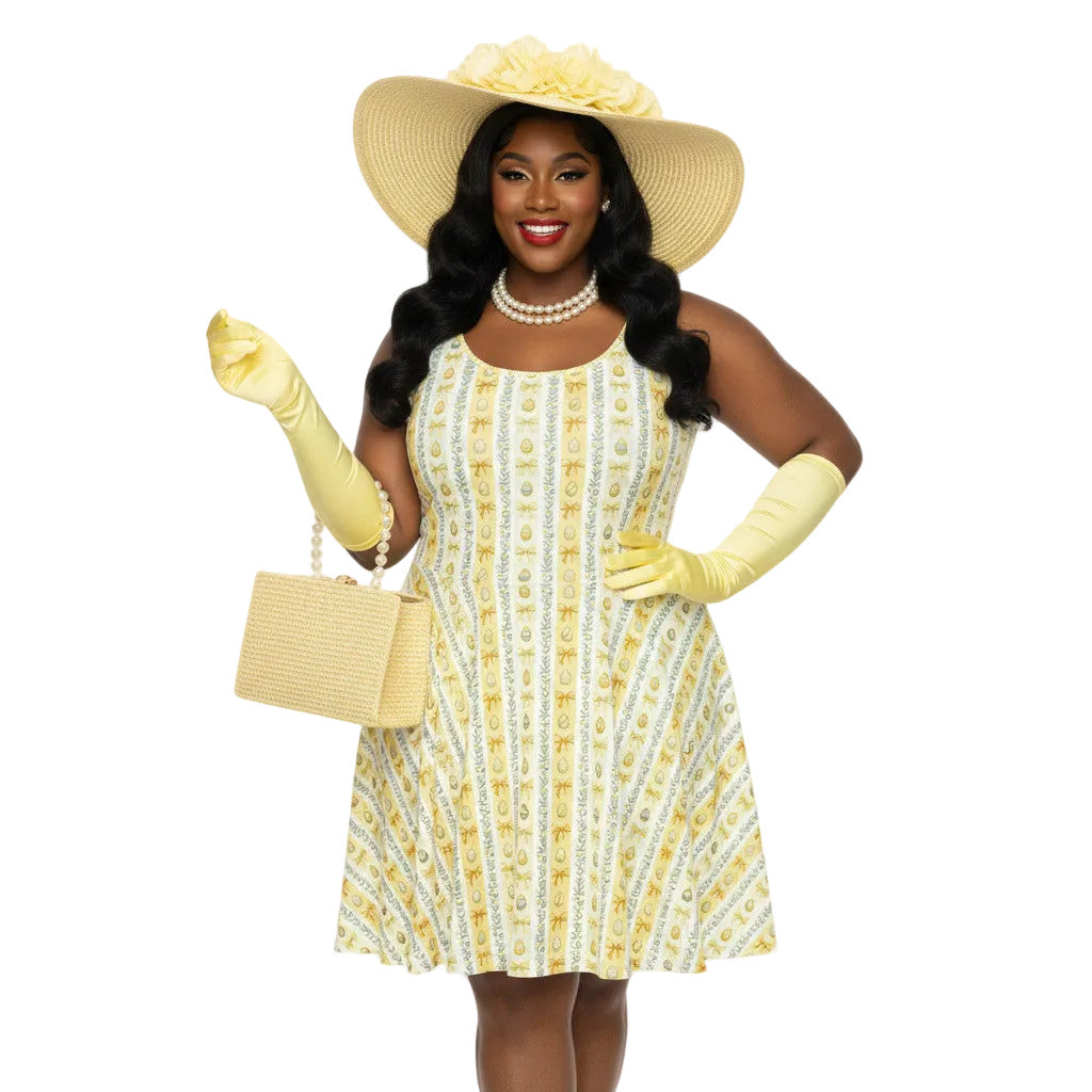 Plus size woman wearing a yellow 1950s vintage-inspired fit and flare dress with an Easter egg pattern, styled with a straw hat and pearls.
