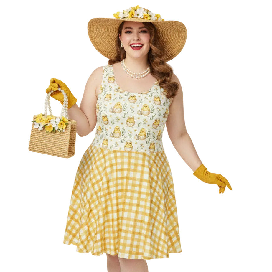 Plus size woman wearing a yellow gingham 1950s style fit and flare swing dress with a vintage chick print, straw hat, and pearls.