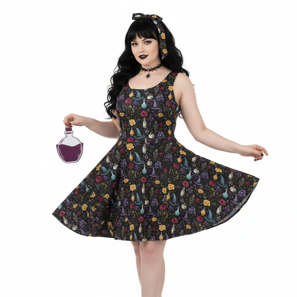 Woman wearing a patterned dress with a white background