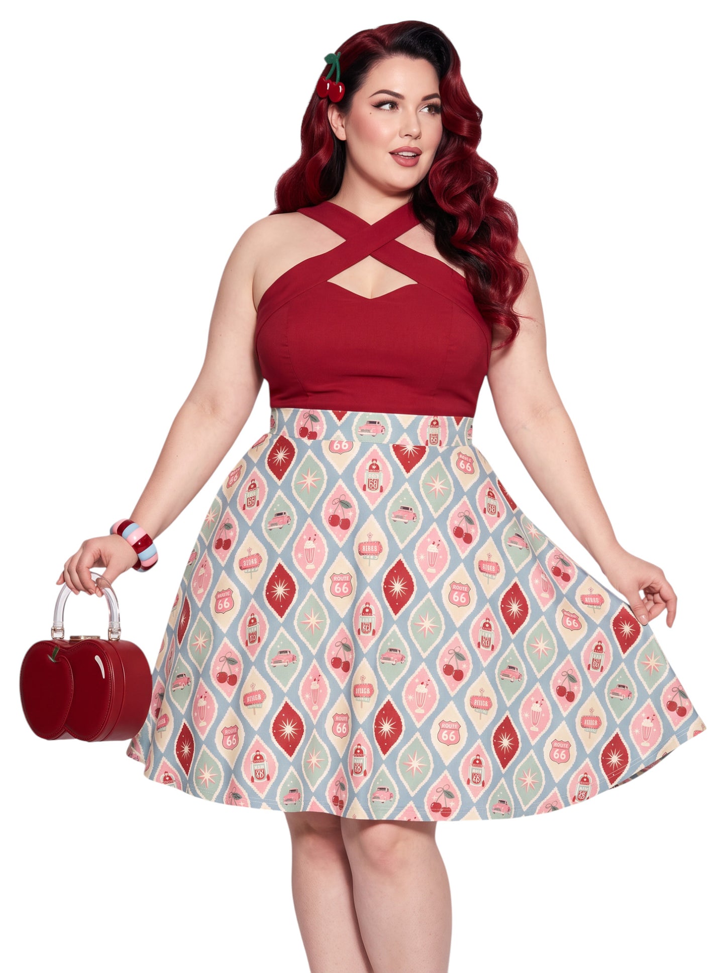 Plus size woman wearing 1950s Diner Cherry Milkshake Pinup Swing Retro A-Line Skirt.