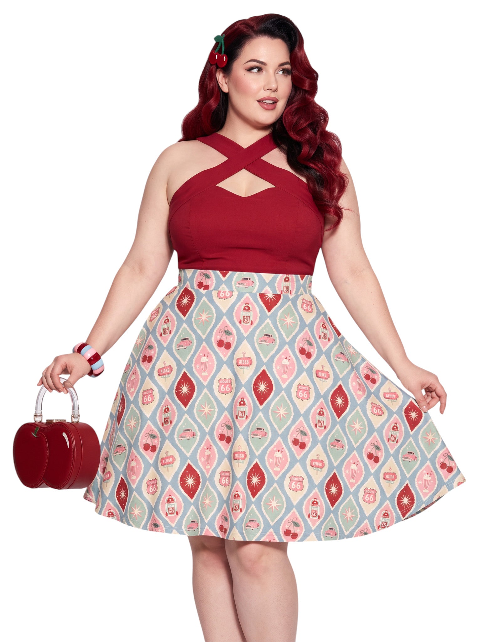 Plus size woman wearing 1950s Diner Cherry Milkshake Pinup Swing Retro A-Line Skirt.