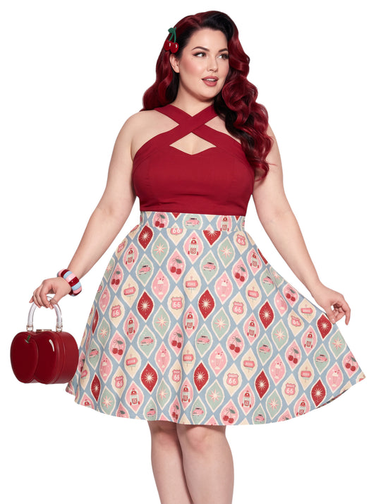 Plus size woman wearing 1950s Diner Cherry Milkshake Pinup Swing Retro A-Line Skirt.