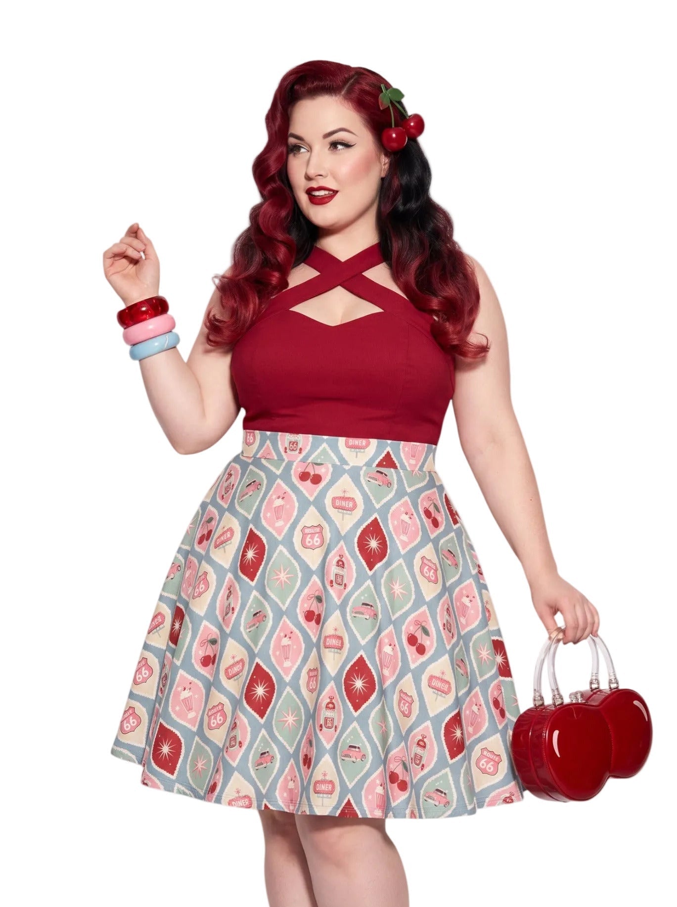 Plus size woman wearing 1950s Diner Cherry Milkshake Pinup Swing Retro A-Line Skirt.