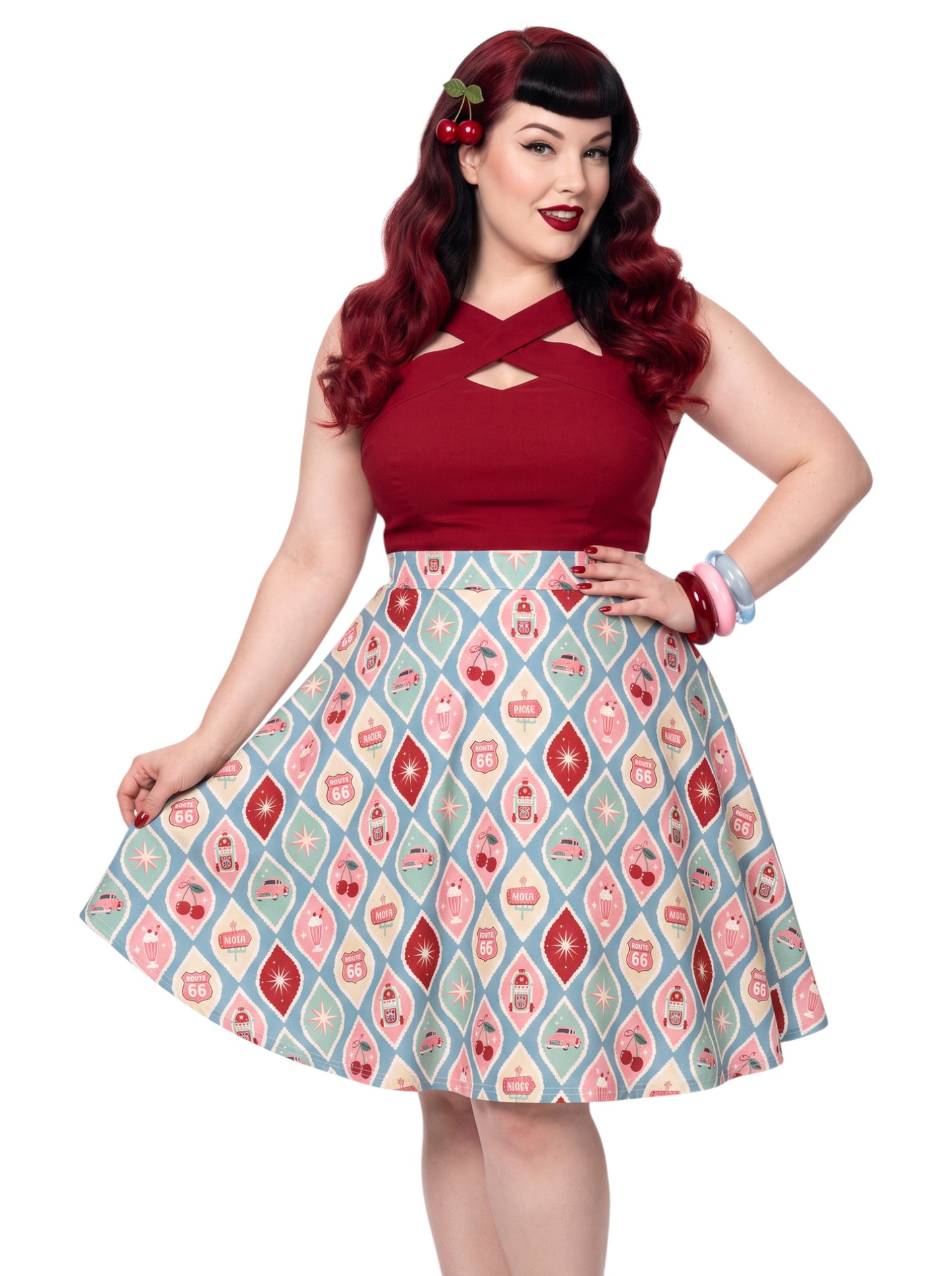 Plus size woman wearing 1950s Diner Cherry Milkshake Pinup Swing Retro A-Line Skirt.