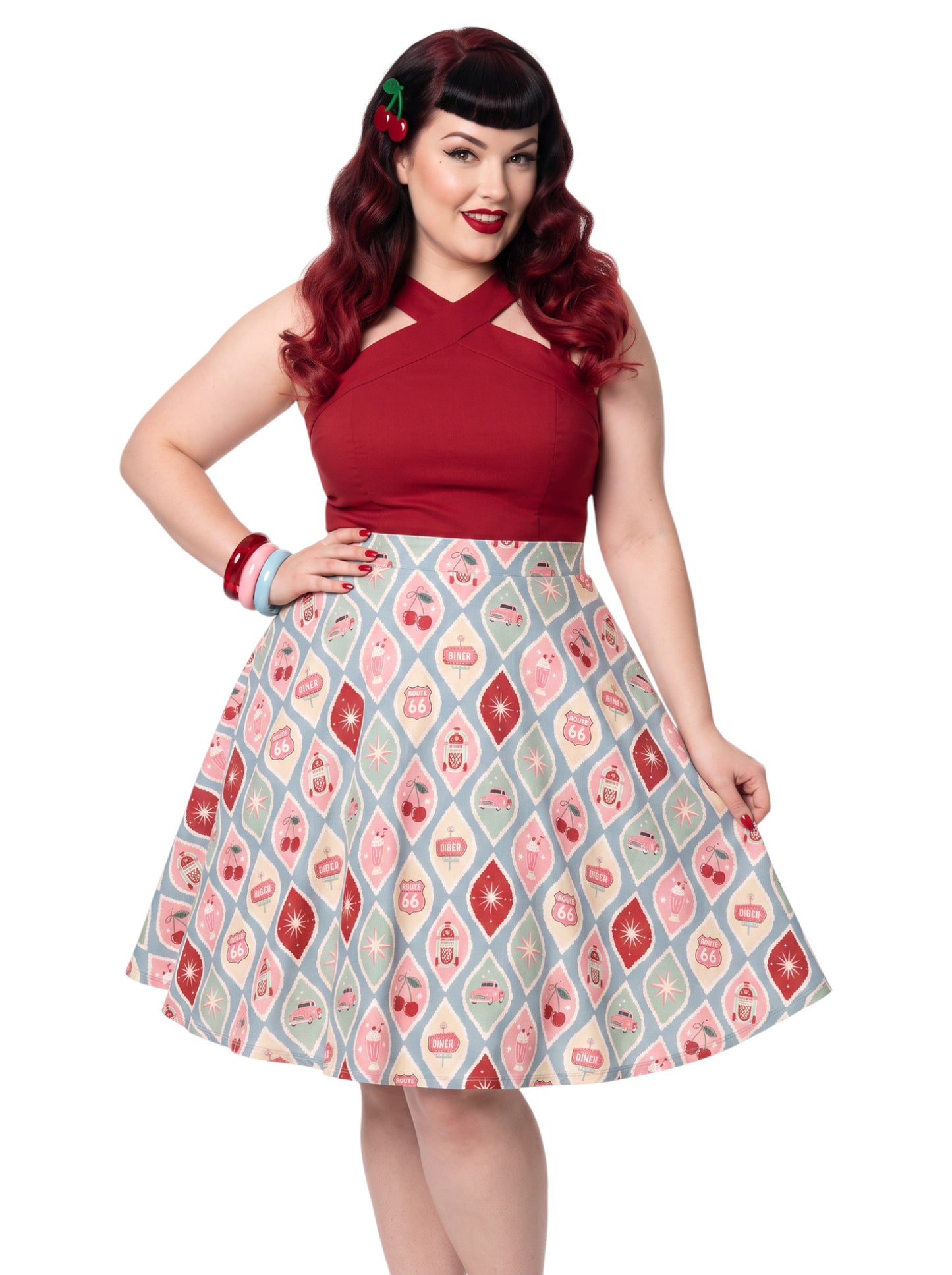 Plus size woman wearing 1950s Diner Cherry Milkshake Pinup Swing Retro A-Line Skirt.
