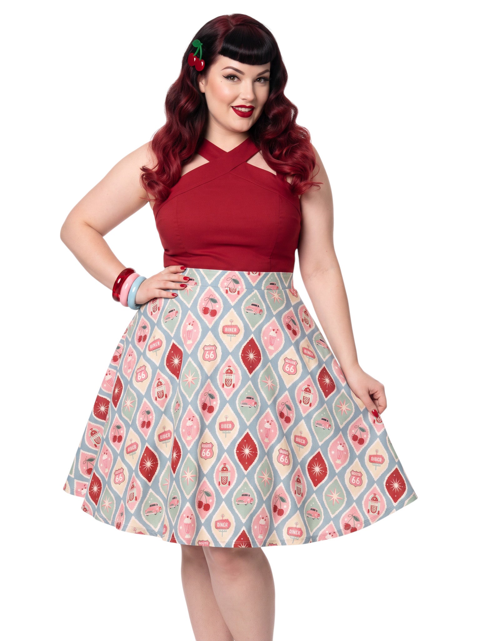 Plus size woman wearing 1950s Diner Cherry Milkshake Pinup Swing Retro A-Line Skirt.