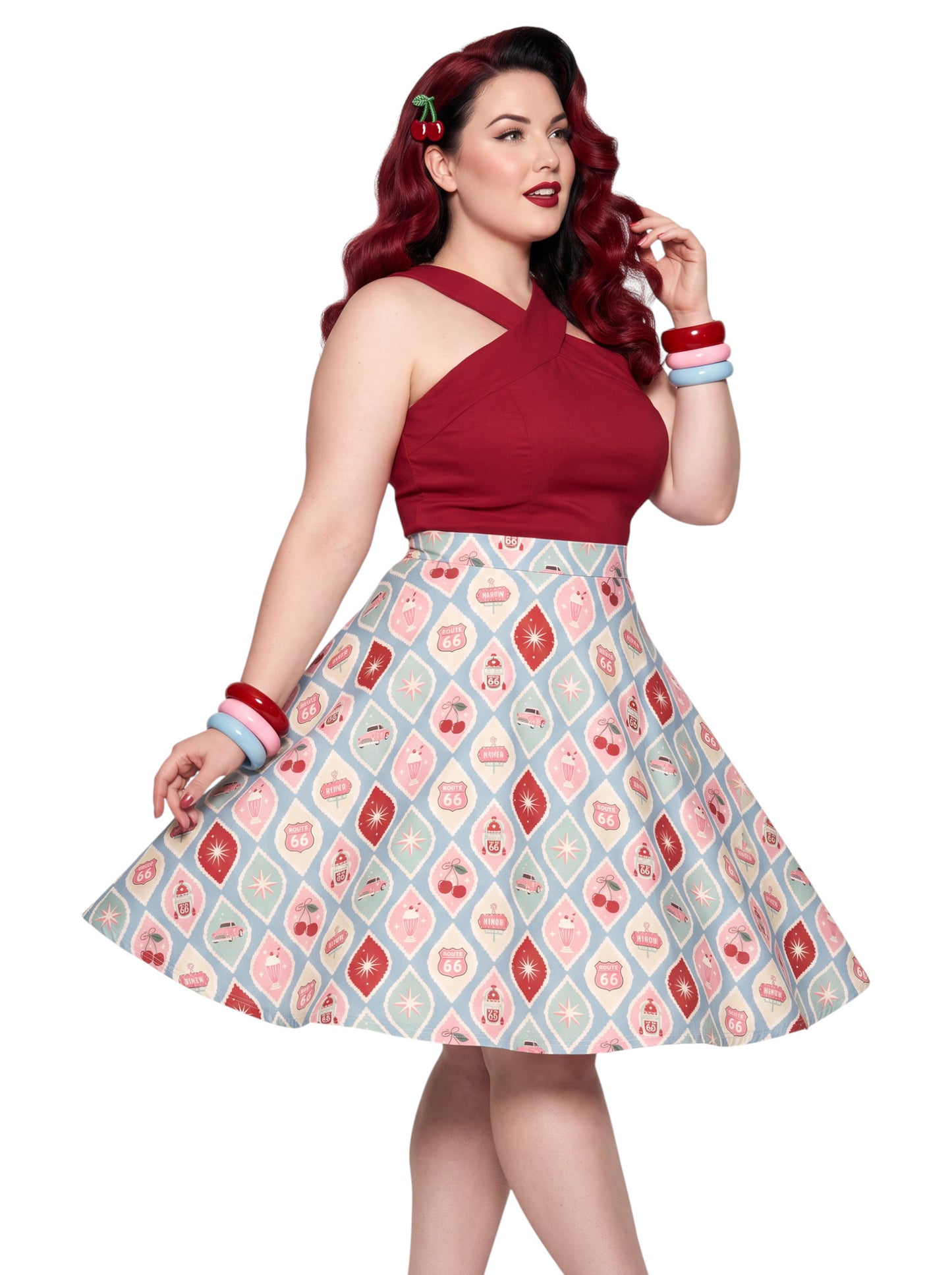 Plus size woman wearing 1950s Diner Cherry Milkshake Pinup Swing Retro A-Line Skirt.