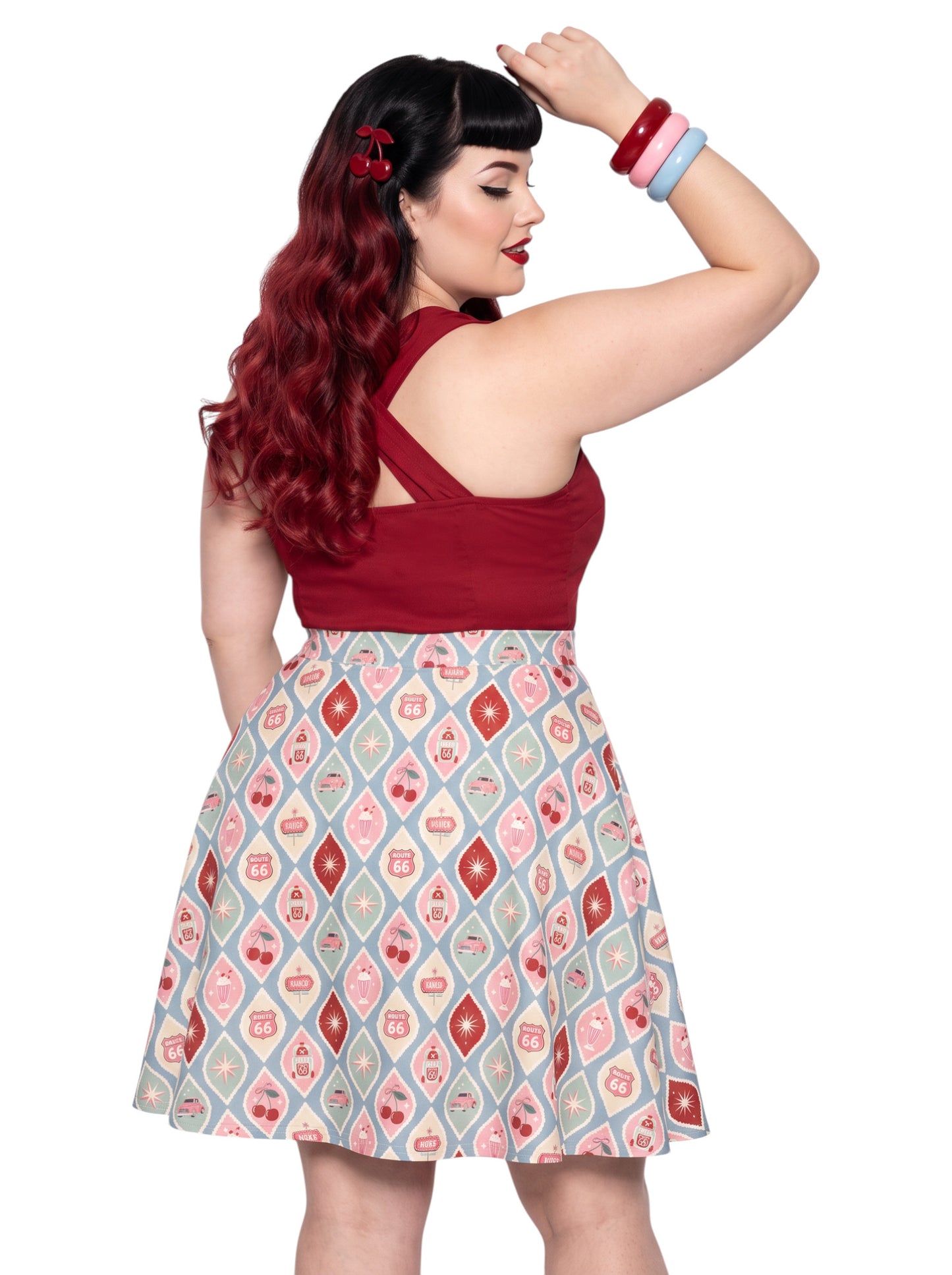 Plus size woman wearing 1950s Diner Cherry Milkshake Pinup Swing Retro A-Line Skirt.