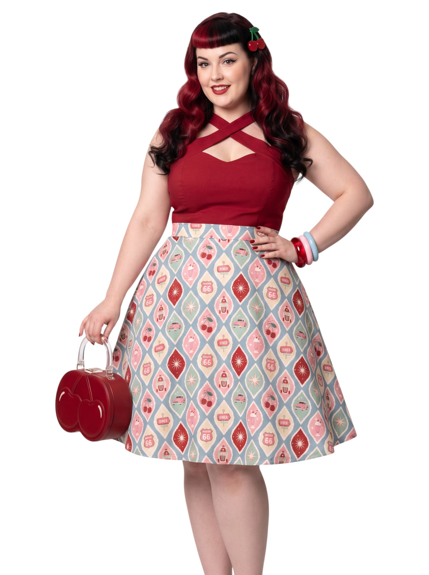 Plus size woman wearing 1950s Diner Cherry Milkshake Pinup Swing Retro A-Line Skirt.