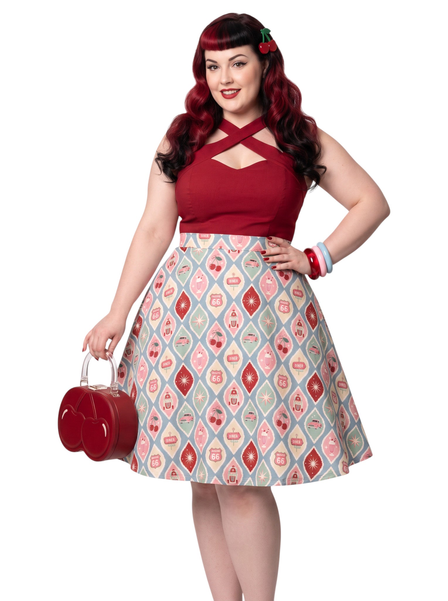 Plus size woman wearing 1950s Diner Cherry Milkshake Pinup Swing Retro A-Line Skirt.
