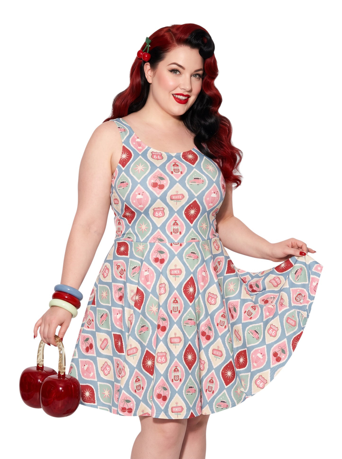 Plus size pinup woman wearing a 1950s style cherry diner milkshake pattern swing dress made of high stretch fabric