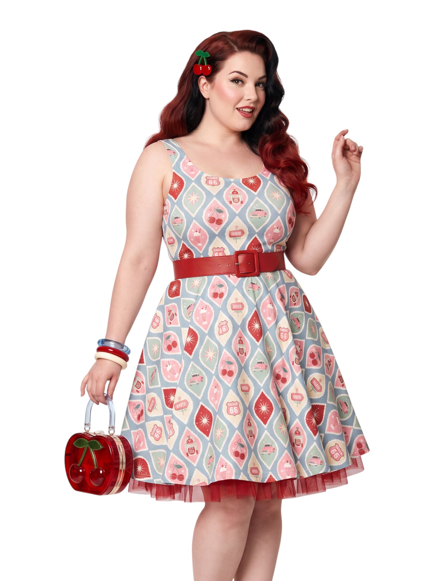 Plus size pinup woman wearing a 1950s style cherry diner milkshake pattern swing dress made of high stretch fabric
