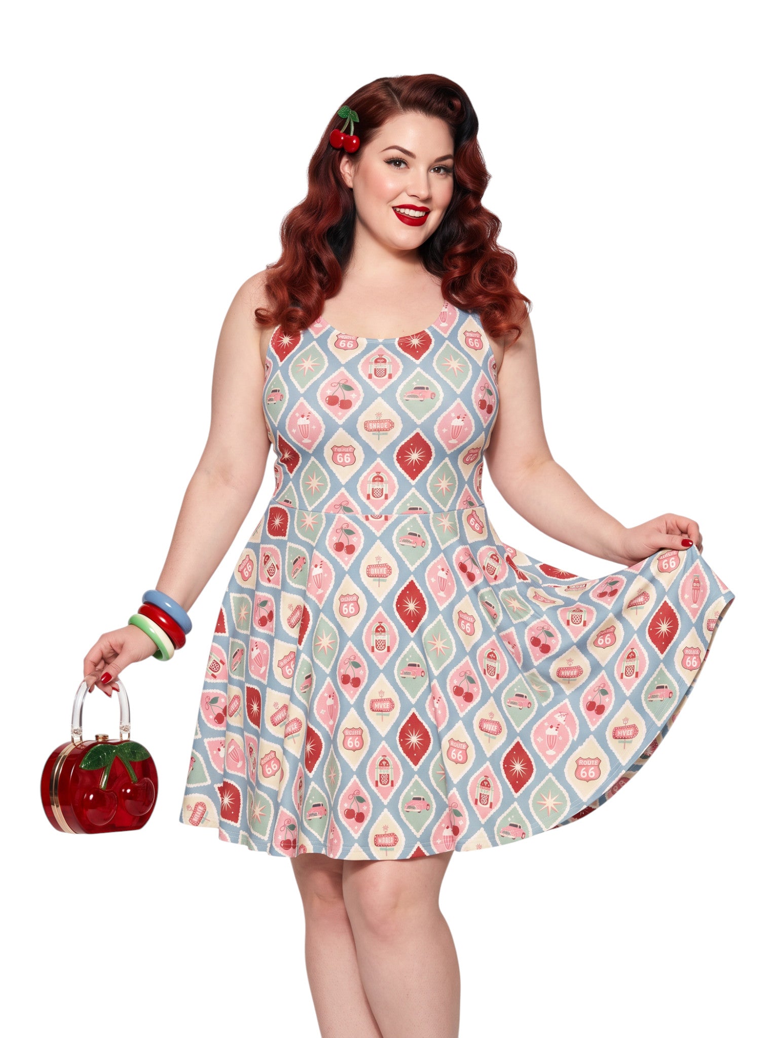 Plus size pinup woman wearing a 1950s style cherry diner milkshake pattern swing dress made of high stretch fabric
