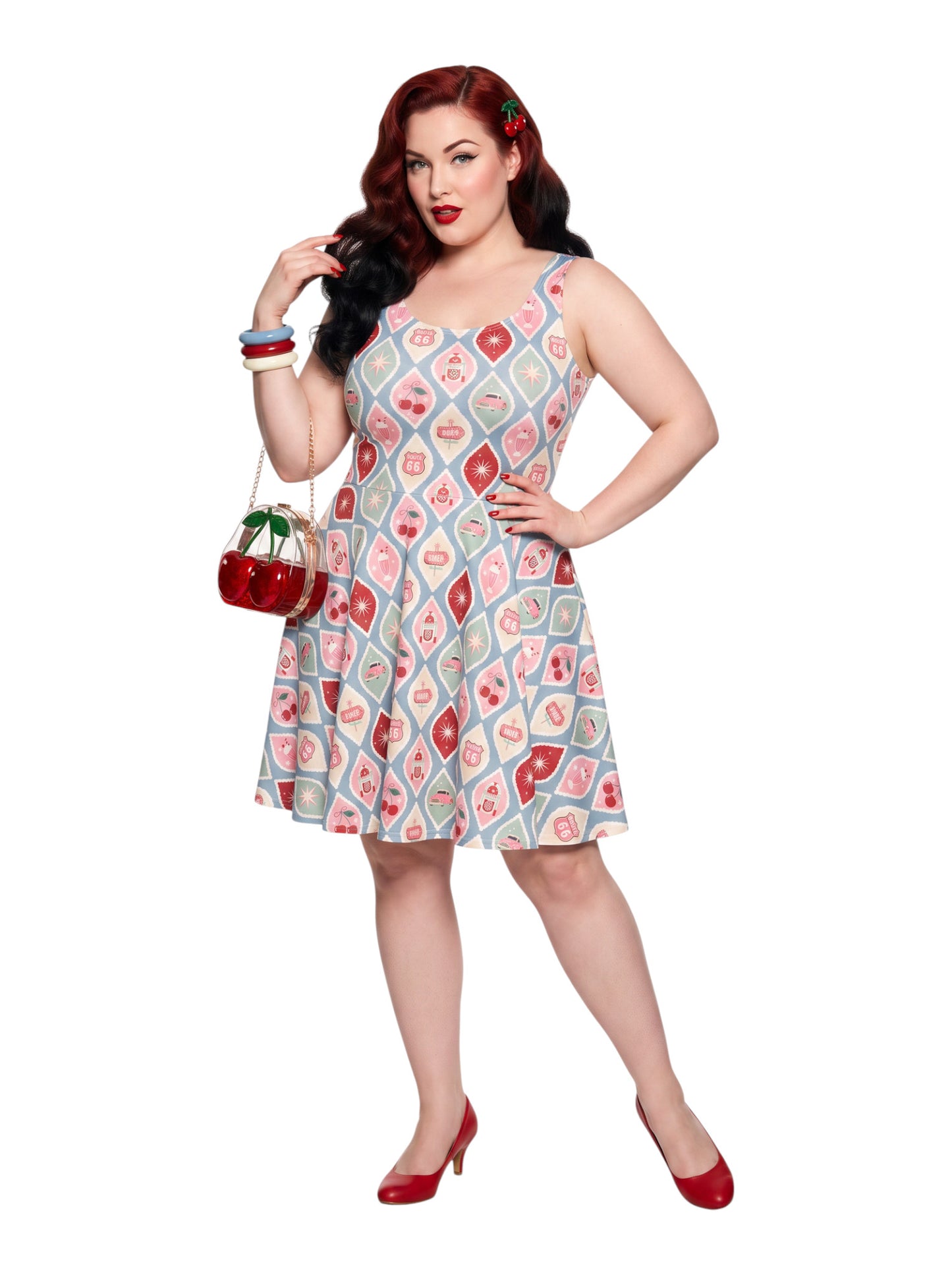 Plus size pinup woman wearing a 1950s style cherry diner milkshake pattern swing dress made of high stretch fabric