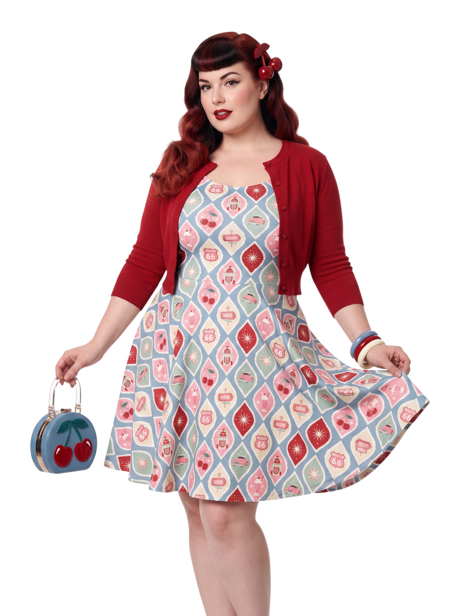 Plus size pinup woman wearing a 1950s style cherry diner milkshake pattern swing dress made of high stretch fabric