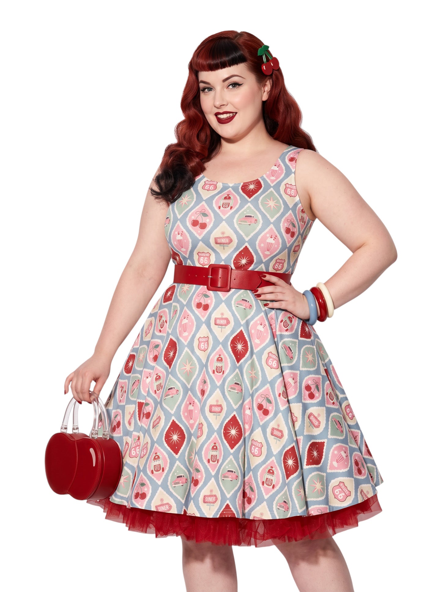 Plus size pinup model wearing a 1950s style cherry diner milkshake pattern swing dress made of high stretch fabric
