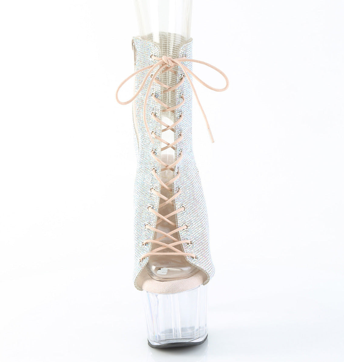 Silver rhinestone lace-up ankle boots with 7-inch clear stiletto heels and transparent 2.75-inch platforms.