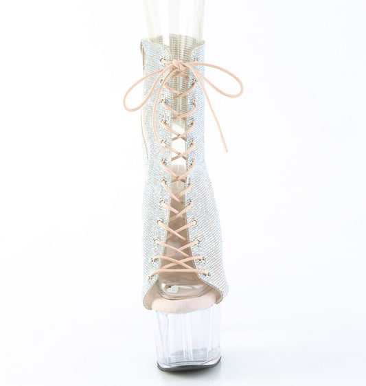 Silver rhinestone lace-up ankle boots with 7-inch clear stiletto heels and transparent 2.75-inch platforms.