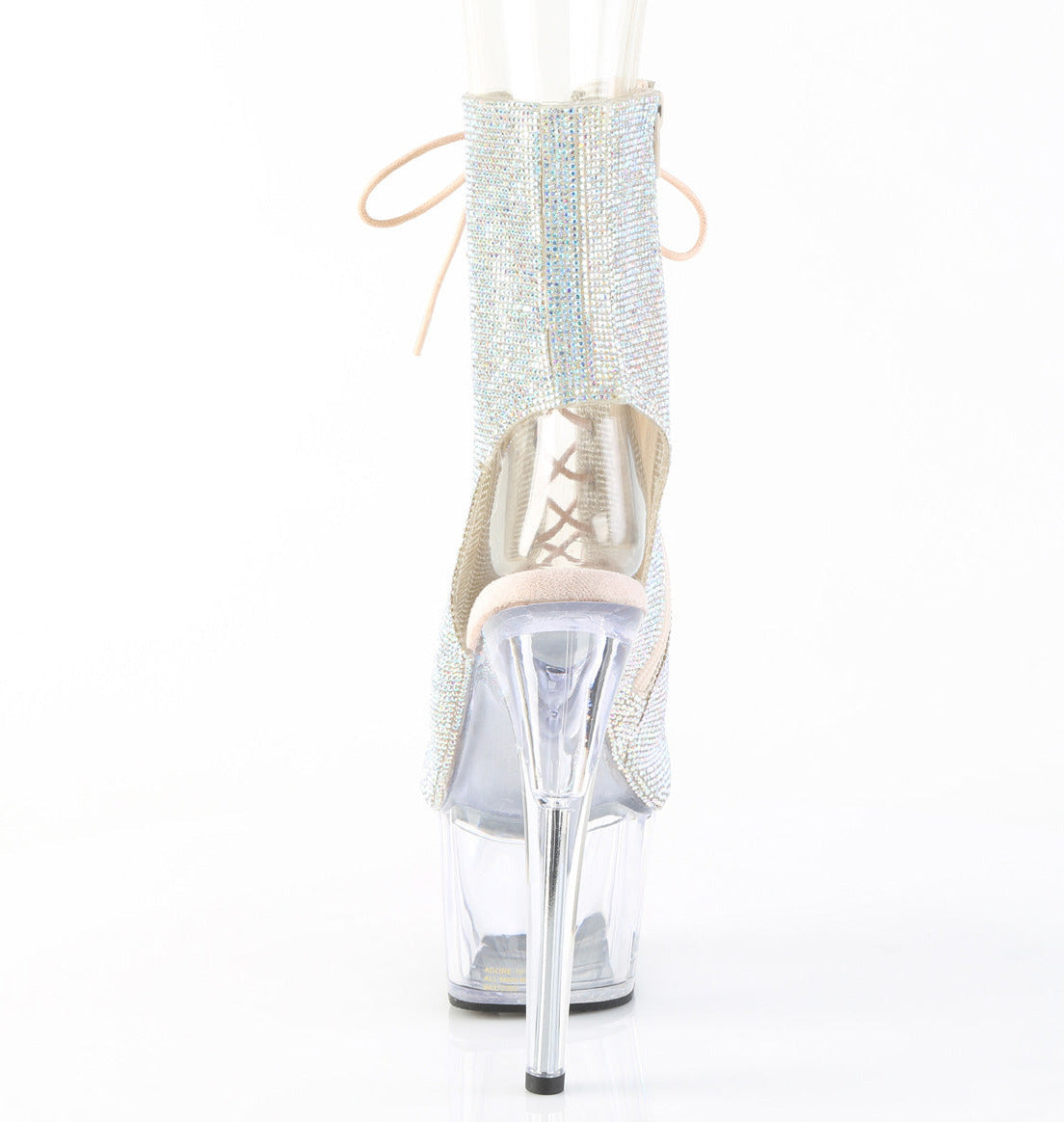 Silver rhinestone lace-up ankle boots with 7-inch clear stiletto heels and transparent 2.75-inch platforms.