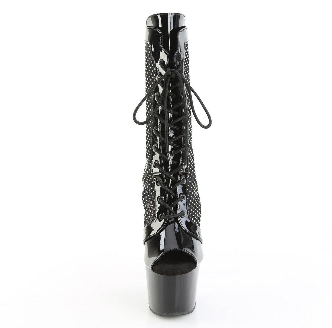 Black patent 7 inch stiletto platform ankle boots with lace-up front, peep toe, and holographic AB rhinestone mesh side panels.