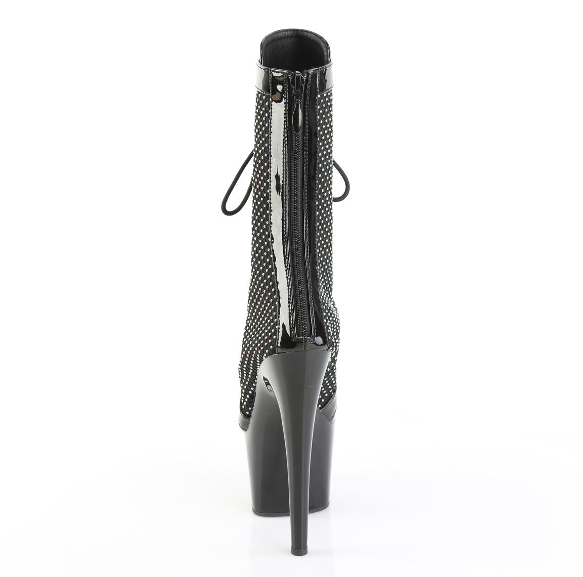 Black patent 7 inch stiletto platform ankle boots with lace-up front, peep toe, and holographic AB rhinestone mesh side panels.