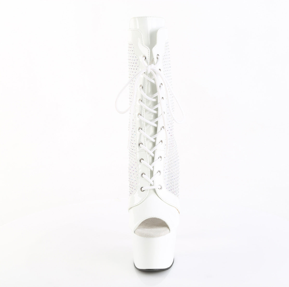 White patent 7 inch stiletto platform ankle boots with lace-up front, peep toe, and  AB rhinestone mesh side panels.